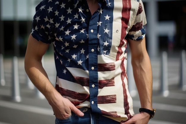 A man wears a shirt that says'american flag'on it