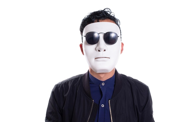 Man wears white mask and black glasses isolated on white background