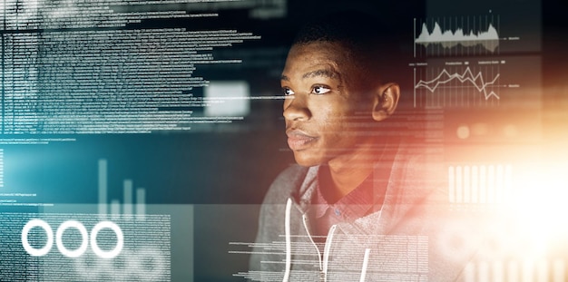 Man web developer and coding overlay with statistics for fintech app reporting and chart software Male person programmer and hologram with graph script and data analytics for financial review