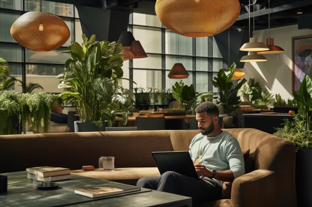 Photo a man on a weekday at lunchtime sits in a cafe with vegan food