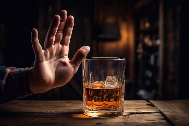 man weigert nee te zeggen en vermijdt een alcohol whiskey te drinken stoppen handteken mannelijke alcoholisme behandeling