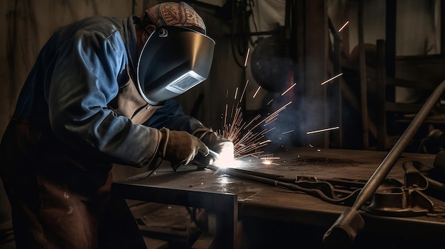 A man welder working on a piece of metal