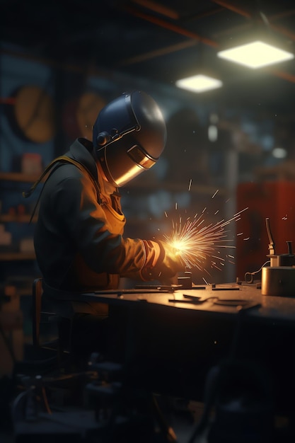 A man in a welding helmet works on a piece of metal.