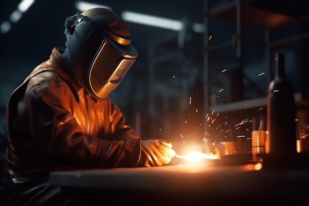 A man welding metal with a welding helmet on.