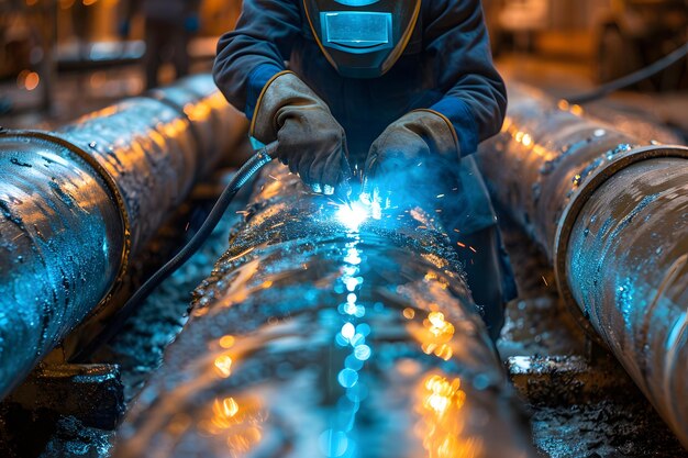 Man Welding Steel Pipes in Factory