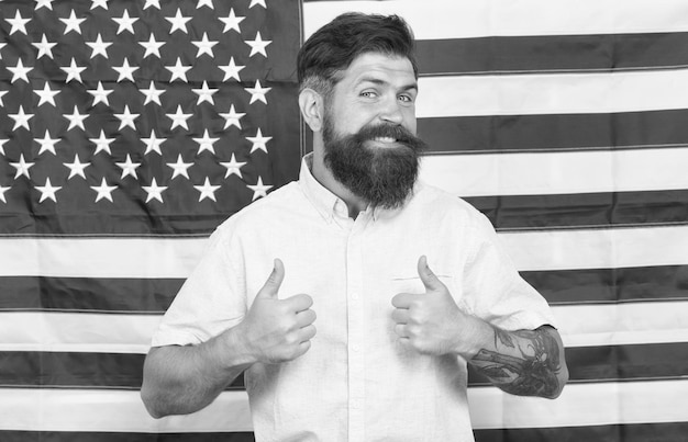 Man well groomed hipster stylish appearance american flag background working for government concept