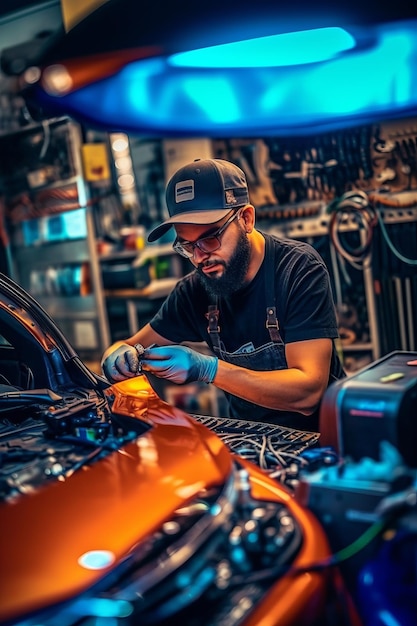 Man werkt aan auto in garage met moersleutel Generatieve AI