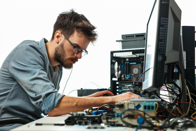 Man werkt aan een computer omringd door draden