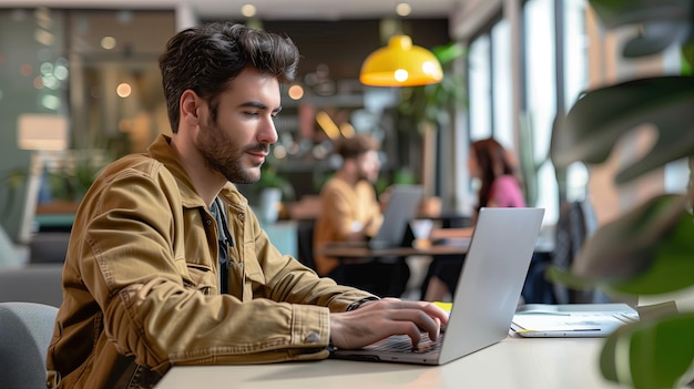 Man werkt aan een laptop in een café. Mensen op de achtergrond zijn wazig.