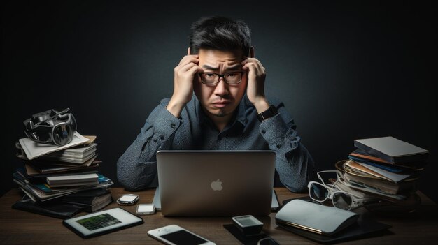 Man werkt aan een laptop omringd door stapels boeken