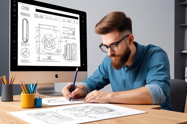 Man werkt aan een ontwerpproject. Ontwerper tekent een schets in een vectorprogramma met een groot potlood.