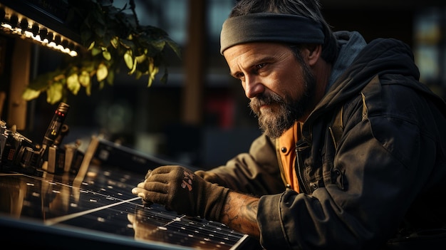 Man werkt aan een zonnepaneel.