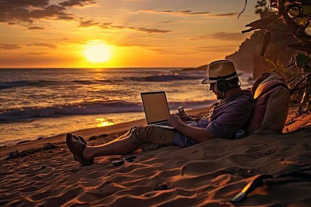 Man werkt met een laptop op het strand bij zonsondergang Lifestyle concept man liggend op het zand van het strand met een laptop werkt bij zonsondergang over de oceaan AI gegenereerd