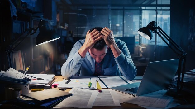 Man werkt met laptop en papierwerk met stress