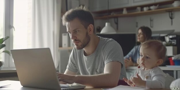 man werkt met laptop familie op de achtergrond Generatieve AI