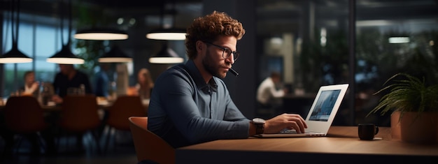 Man werkt op zijn laptop op kantoor