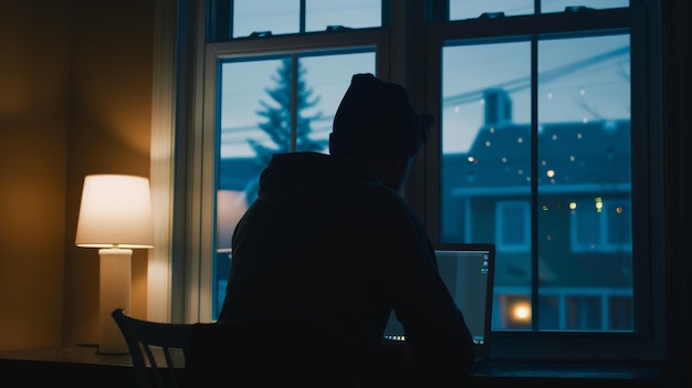Man werkt tot laat in de nacht verlicht door een laptop scherm in een gezellige thuis omgeving