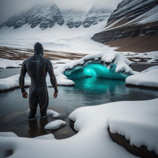 Photo a man in a wet suit stands in a river with snow on the ground and ice below him.