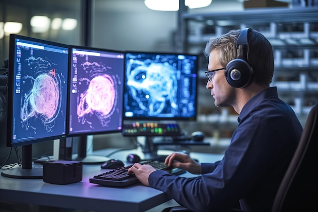 Man wetenschapper werkt aan computersimulatie van hersennetwerken