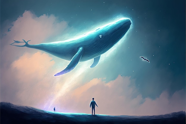 Man and a whale Outer space journey concept showing a man looking at the giant whale flying in the beautiful sky Digital art style illustration painting