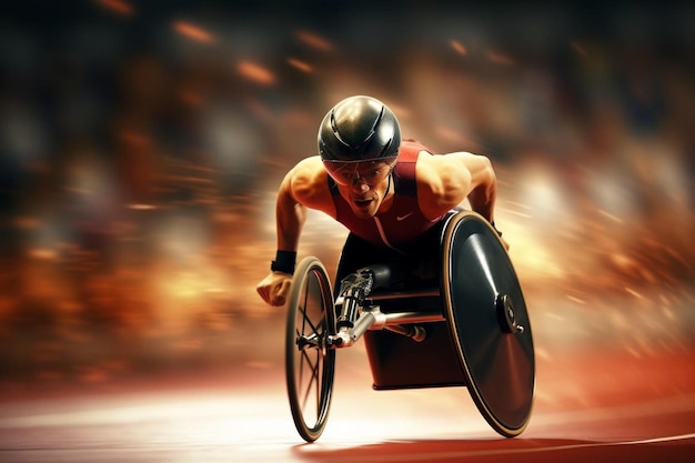 a man in a wheel chair with a black helmet on his head is racing a wheel chair.