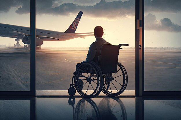 Man in wheelchair boarding airplane with view of the runway and aircraft