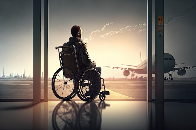 Man in wheelchair boarding the plane with his view of the busy airport terminal on the other side