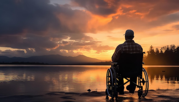 Man in wheelchair by river at sunset