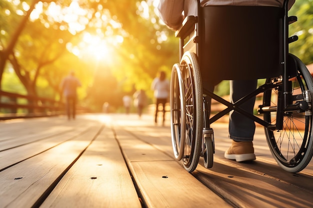 man in a wheelchair closeup on a road in the forest