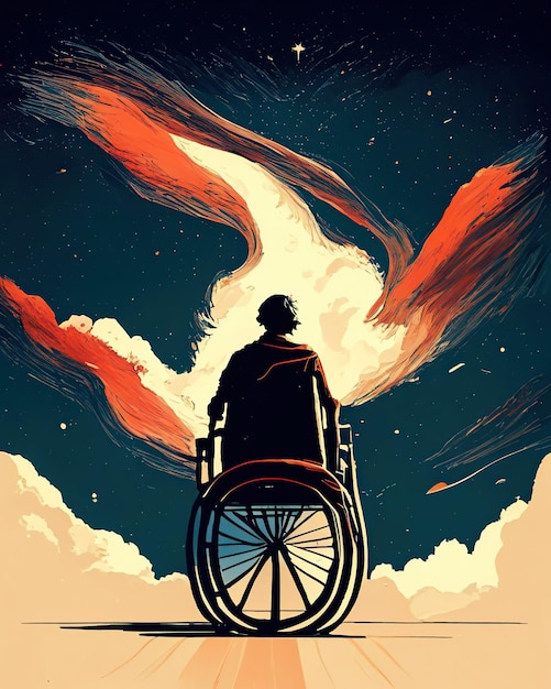 man in wheelchair hope background clouds colorful galaxy bright light