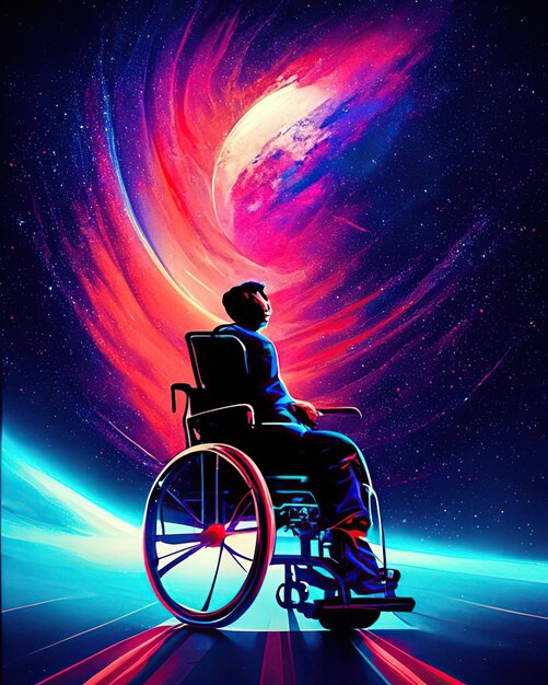 man in wheelchair hope cloud background galaxy color background bright light