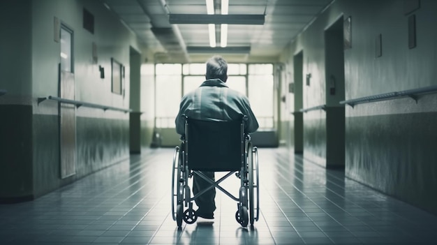 Man in a wheelchair in a hospital corridor Generative Ai