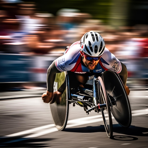 A man in a wheelchair is racing on a track.