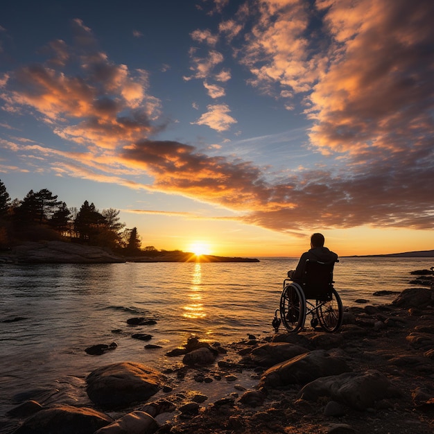 A man in a wheelchair is sitting on a rocky beach with the sun setting behind him.