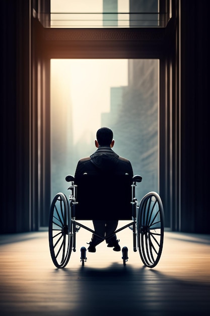 車椅子に乗った男性が、「人生」という文字が書かれたドアのある部屋に座っています。