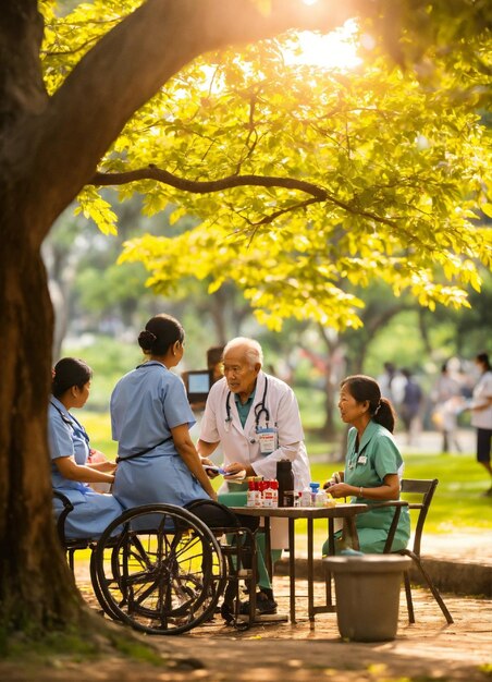 Photo a man in a wheelchair is sitting at a table with other people