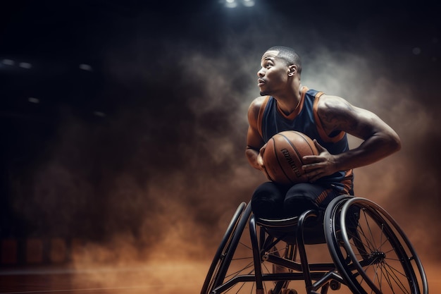 Foto un uomo su una sedia a rotelle che gioca a basket