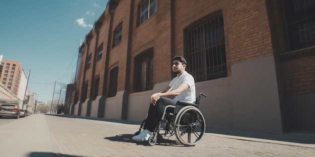 A man in a wheelchair sits in front of a building with a brick wall.