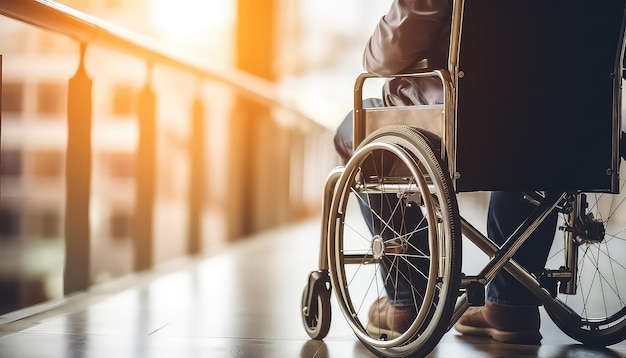 Man in wheelchair on street wheel closeup