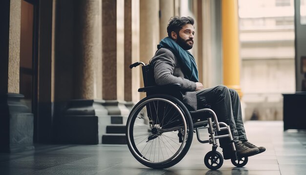 Photo man in wheelchair on street wheel closeup