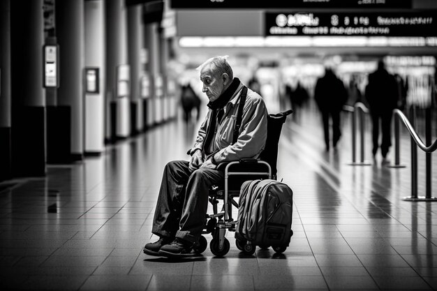 Man in wheelchair surrounded by his luggage waiting for the boarding call to his flight