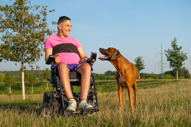 車椅子に乗った男が草の上に座っている可愛い犬と話している