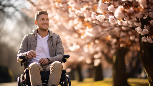 Photo man in a wheelchair on a walk on a trip