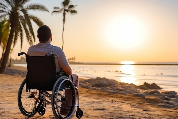 Foto uomo in sedia a rotelle che guarda il tramonto sulla spiaggia