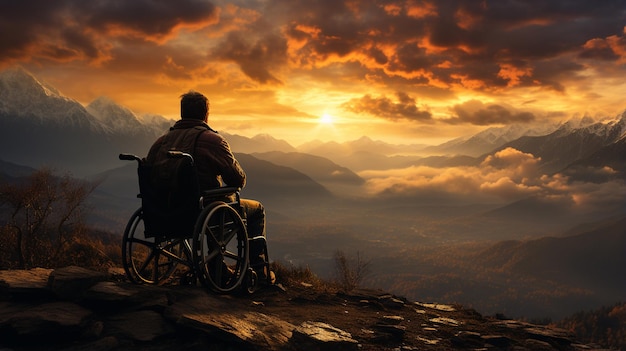 man in wheelchair with backpack on top of mountains