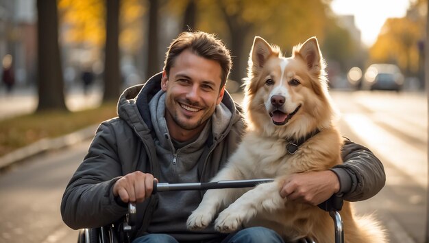 Man in a wheelchair with a dog on the street