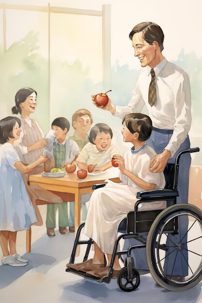 a man in a wheelchair with his family in the background