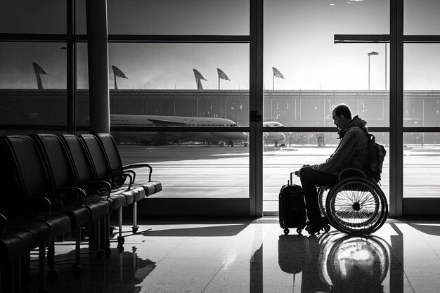 混雑した空港ターミナルで荷物を抱えて飛行機を待つ車椅子の男性