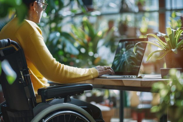 Photo man in wheelchair working on laptop