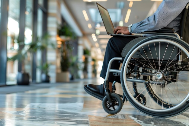 Человек в инвалидном кресле работает на ноутбуке